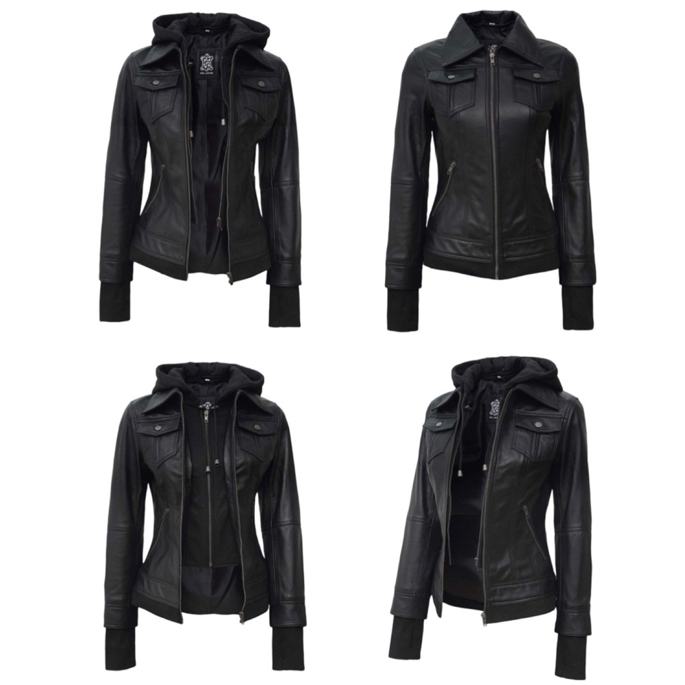 Real Leather The Betty  Black Bomber Leather Jacket Removable Hood Sz: XL NWT.